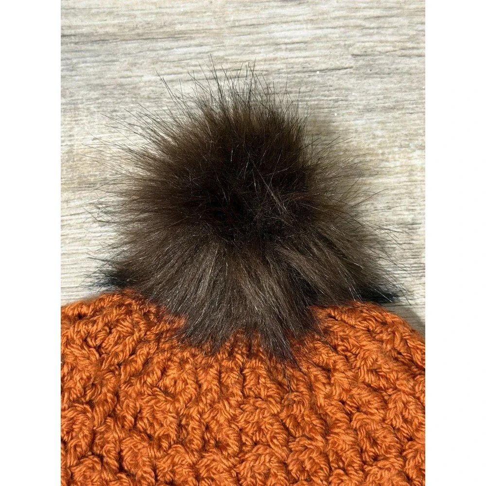 New Hand Crocheted Waffle Orange Acrylic Faux Fur Pom Pom Beanie Hat Women